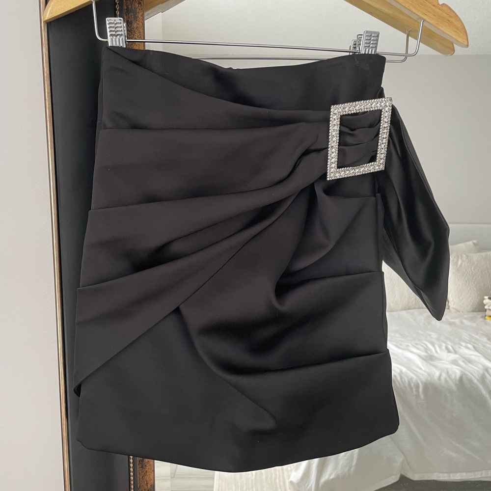 House of CB Black Satin Mini Skirt with Rhinestone Buckle | XS